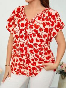 SHEIN Clasi Plus Size Valentine's Day Heart Print Tie-Neck Blouse For Summer - Red and White - View 5