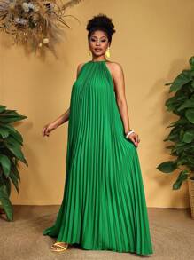 Slaydiva Vestido holgado de talla grande para primavera y verano, con escote halter sin mangas, plisado y dobladillo en A, ideal para vacaciones y citas, en color verde oscuro