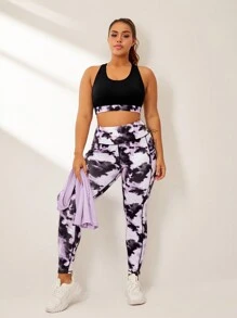 SHEIN Sport Studio Plus Size Women Solid Color Round Neck Tank Top And Batik Print Leggings Sports Suit