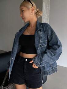 DAZY Women's Lapel Drop Shoulder Long Sleeve Single Breasted Casual Denim Jacket, Autumn