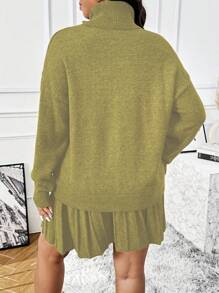Flirla 1 conjunto de suéter informal de cuello de polo y falda de punto con textura de rayas verticales, talla grande, versátil, para uso diario y de trabajo - Verde Oliva - Ver 2