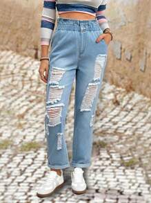 SHEIN LUNE 女式前扣口袋做旧休闲牛仔裤 - 藍色 - 查看 2