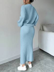 Elenzga 2pcs Women Set: Solid Color Drop Shoulder Long Sleeve Cardigan Sweater And Knit Skirt, Casual Autumn/Winter - Baby Blue - View 2