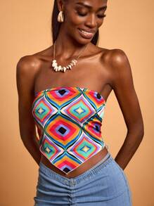 Abeille Creations Designer Boho Bohemian Women's Multi-Color Abstract Geometric Pattern Print Summer Vacation Sexy Style Tube Top, For Going Out, Festival, Ibiza Fits