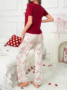 Letter Crown & Cartoon Print Short Sleeve Shorts Women Pajama Set - Burgundy - View 2