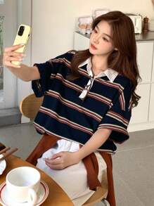DAZY 休闲运动春夏拼接撞色条纹宽松长袖T恤女秋装 - 藍色 - 查看 9