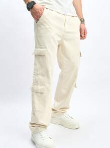 Manfinity EZcore Plus Size Men's Casual Solid Color Cargo Jeans - Beige - View 1