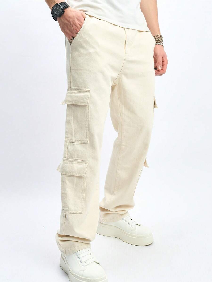 Manfinity EZcore Plus Size Men's Casual Solid Color Cargo Jeans - Beige - View 1
