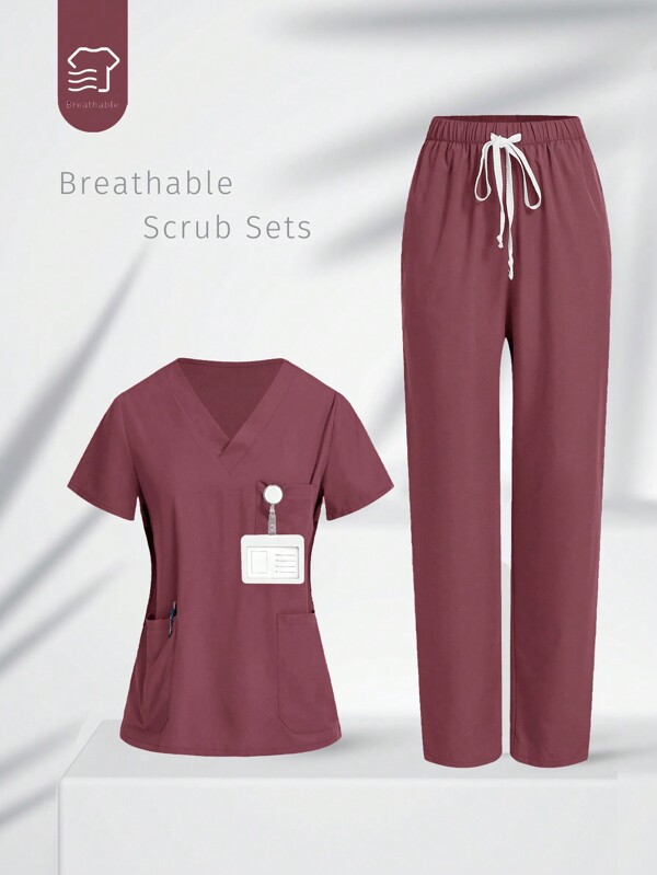 TaskEZ Set uniformă: bluză croită cu mânecă scurtă cu decolteu în V și pantaloni casual cu picior drept cu șnur, seturi de scrub