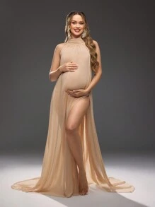 Cheriluna Maternity 纯色网状露背性感优雅孕妇装拍摄服装 - 杏色 - 查看 3