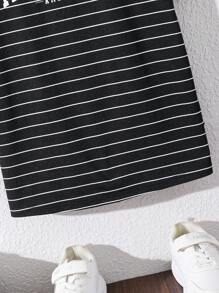 Tween Boys' Casual Loose Sporty Striped Letter Graphic Round Neck Short Sleeve T-Shirt, Suitable For Commuting, School, Daily Casual Wear, Sports, Spring/Summer - Black - View 6