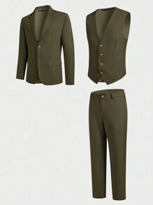 Manfinity VCAY 3pcs Men's Slim Fit Casual Suit Set (Jacket + Vest + Pants), Suitable For Spring And Autumn, Office Wear - Green - View 1
