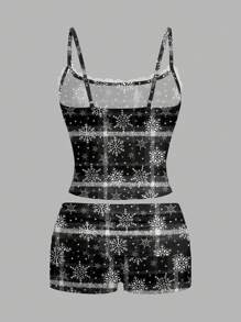 Tim Lord Artist Black Plaid & Snowflake Print 2pcs Sexy Lace Cami Top And Shorts Women's Outfit, Spring & Summer, Going Out, Festival - Black - View 2