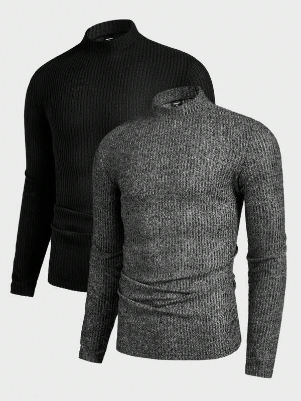 Manfinity Basics Men's 2 Pieces Knitted Fit Basic Casual Style Normal Shoulder Collar Black And White Men's T-Shirt Suitable For Autumn Matching