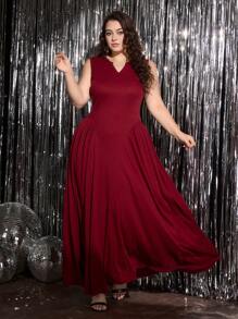 SHEIN MOD Plus Size Retro Elegant Ruched Midi Dress, Office/Casual Wear - Burgundy - View 1
