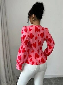 Elenzga Camisa elegante con estampado de corazón rojo y fruncido