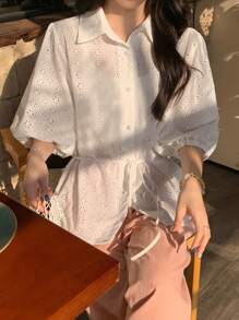 FRIFUL 女士宽松镂空刺绣灯笼袖收腰衬衫 - 白色 - 查看 1