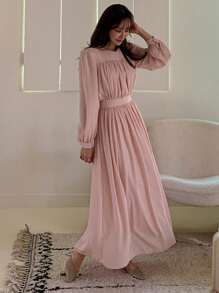 DAZY Women's Solid Color Pleated Long Elegant Dress, Pink, Spring/Summer,Fall Clothes Long Sleeve Dress Maxi Dress - Pink - View 4