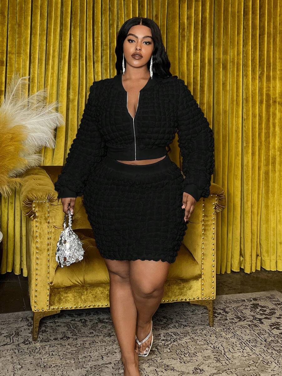 Slaydiva 大码女式休闲泡泡图案长袖夹克和迷你裙套装