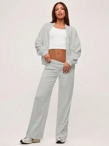 SHEIN BASICS 女款休閒純色針織立領長袖寬鬆夾克外套，秋冬服飾 - 淺灰色 - 查看 5