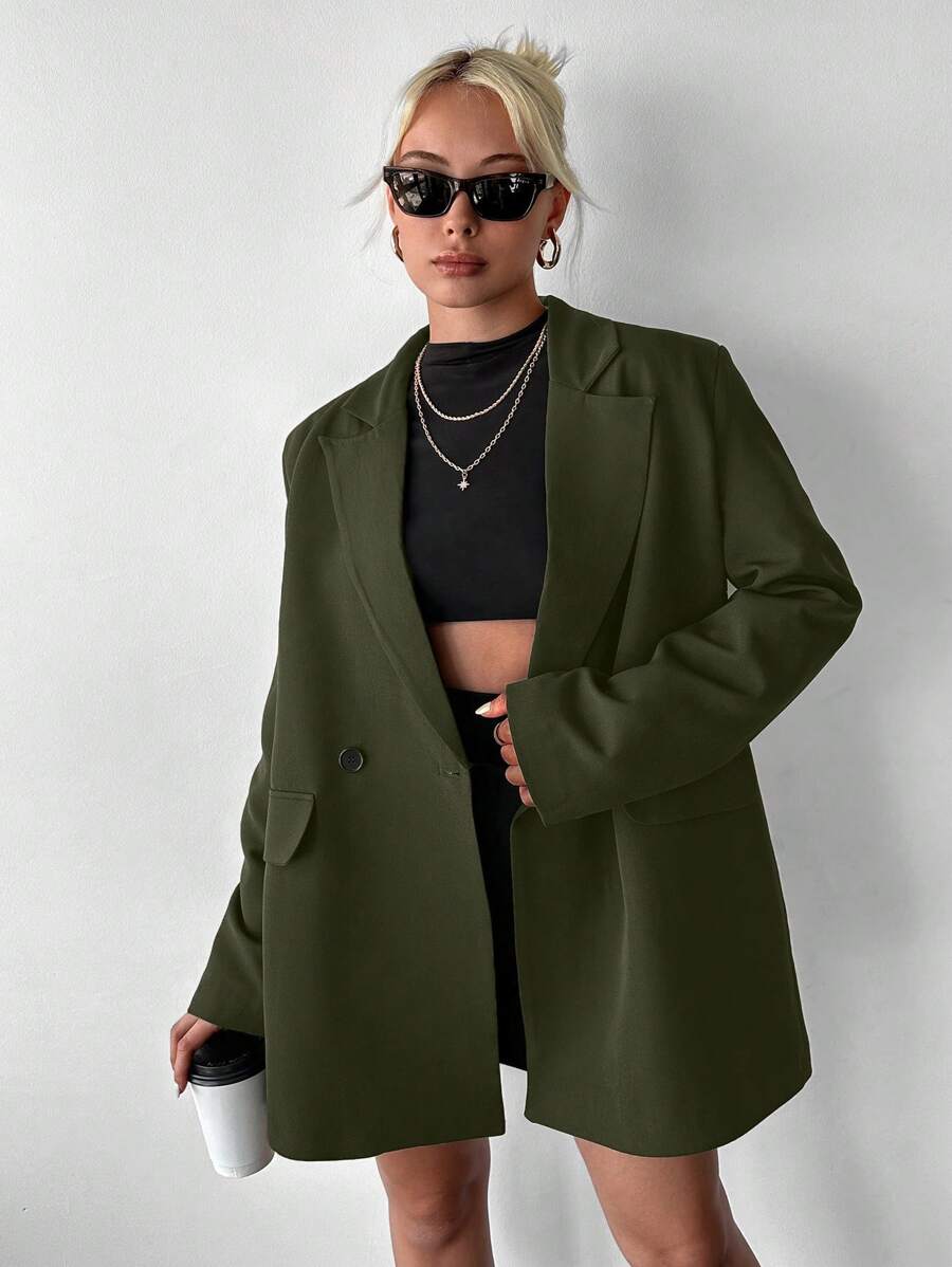 EURMUSE Lapel Neck Flap Detail Double Button Blazer - Dark Green - View 1
