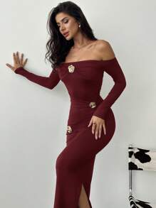 Firerie Women's Elegant, Exquisite, Fashionable And Romantic Off Shoulder Metal Flower Decorated Ruffle Bodycon Bell Sleeve Dress Wedding Guest Dress Modest Maxi Dress Evening Modest Gown / Luxury Embroidery Dress - Burgundy - View 4