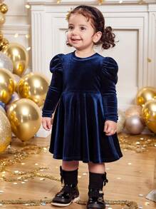 SHEIN Váy nhung tay lỡ màu xanh navy dễ thương cho bé gái mùa Giáng sinh, váy thu/đông - Màu xanh lam - Xem 3