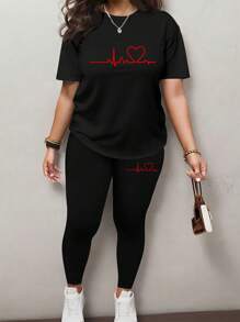 INAWLY Set de top și pantaloni scurți casual, cu imprimeu Heartbeat, 2 buc., primăvară/vară