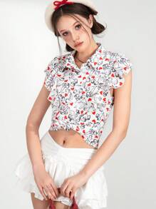 SHEIN Explorewe 少女短袖短款樱桃心印花优雅衬衫 - 彩色 - 查看 5