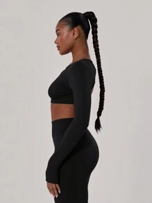 Musera Sport Cross Back Crop Long Sleeve Gym Top, Padel, Tennis, Pickleball Gym Fitness Fall Winter - Black - View 5