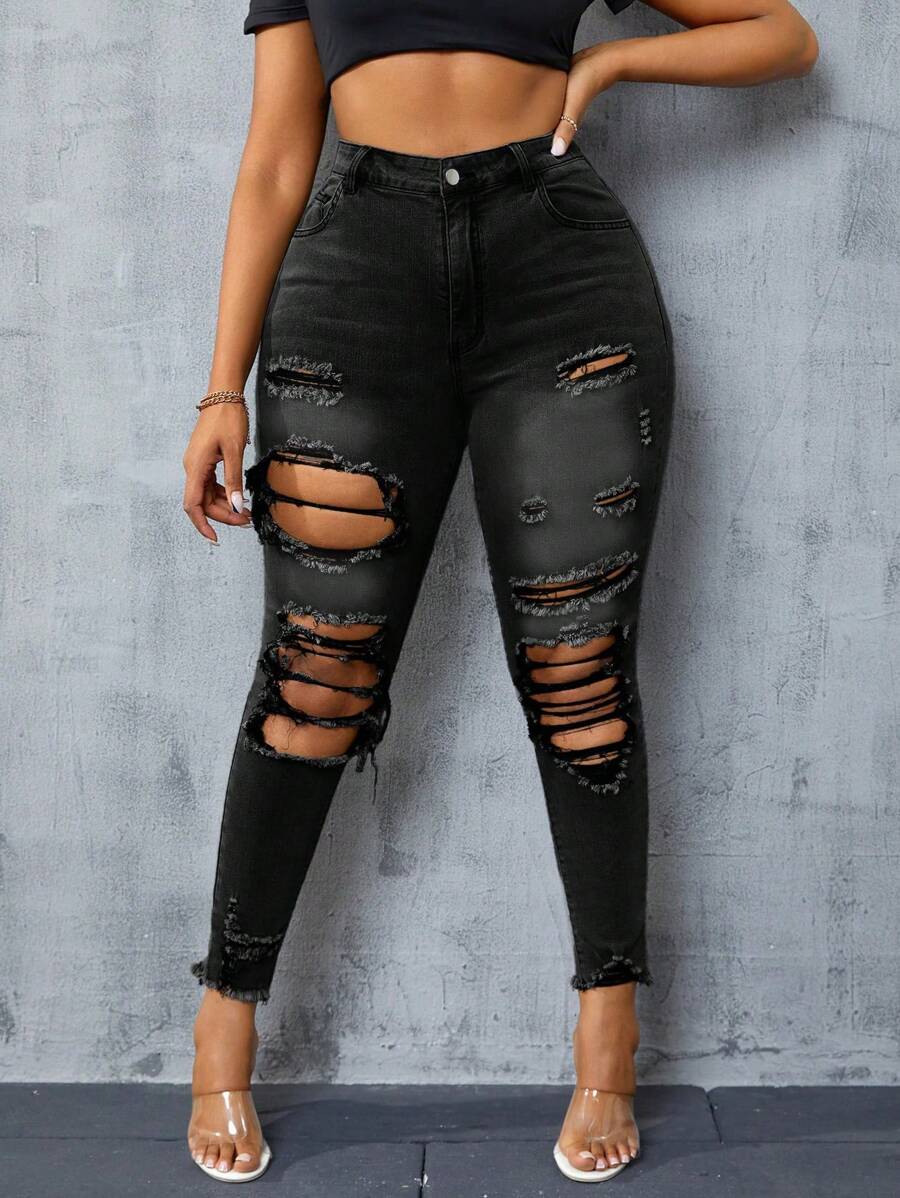 SHEIN SXY Plus Size Women Distressed Pockets Skinny Casual Jeans - Black - View 1