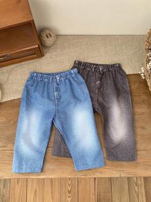 2pcs/Set Baby Boys Denim Effect Pants Set, Designed For Fashionable Baby Boy, Includes Two Comfortable Denim-Print Pants. The Denim Effect Design Not Only Offers A Stylish Look, But Also Provides Soft And Comfortable Wear, Suitable For Spring/Autumn And Various Daily Activities