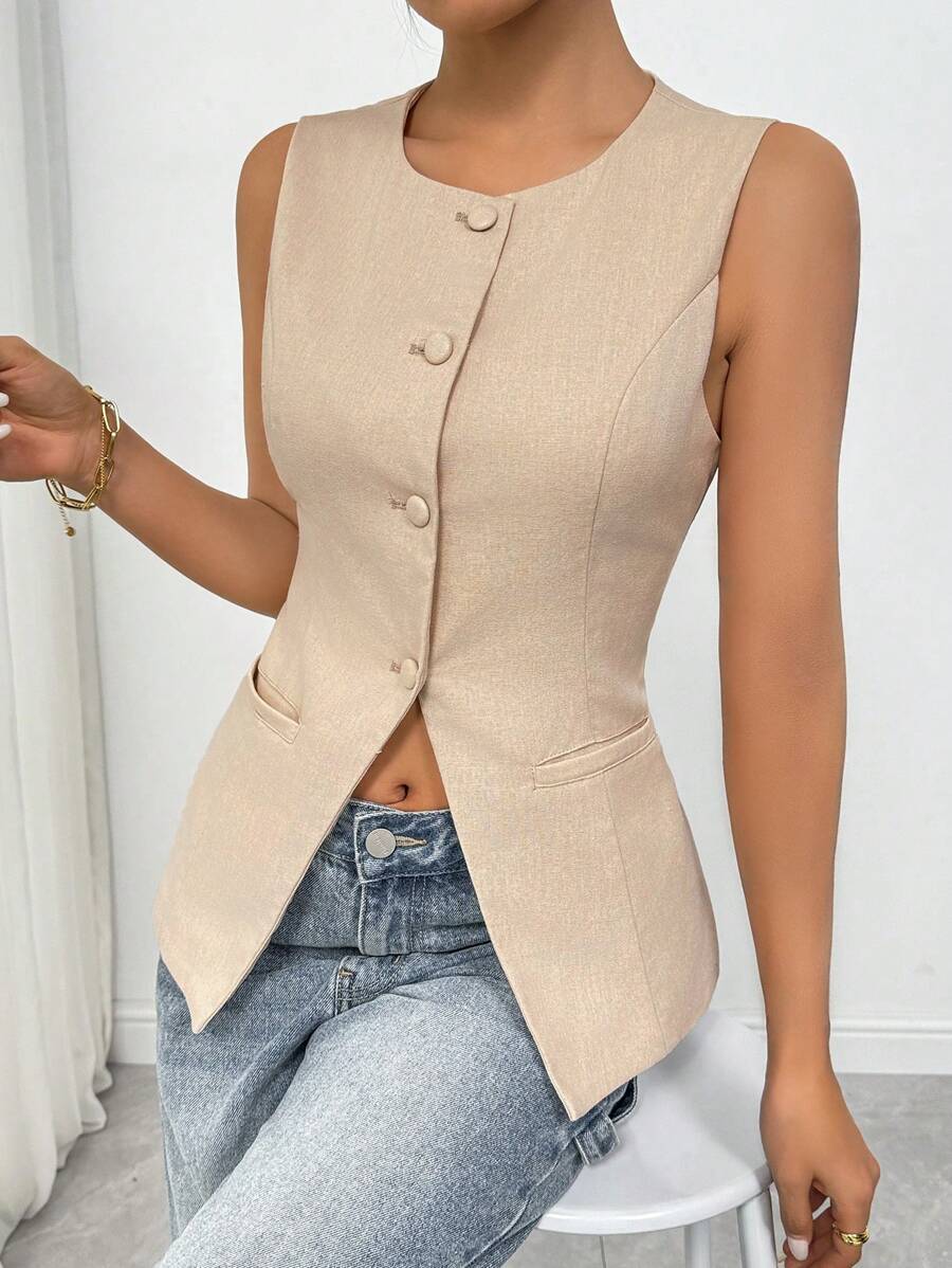 SHEIN EZwear Áo vest không tay đơn giản có túi cài nút phía trước dành cho nữ, trang phục thường ngày vào mùa thu/đông - Màu Khaki - Xem 1