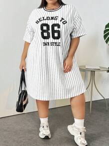 SHEIN CURVE+ Plus Size Loose Sports Letter Dress For Summer - Black and White - View 6