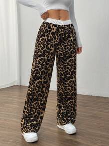 SHEIN LUNE Women Leopard Print Elastic Waist Straight Loose Casual Sweatpants - Multicolor - View 3