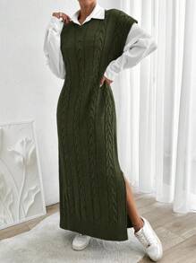SHEIN Kabelgebreide V-hals mouwloze maxi-truijurk