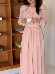 DAZY Women's Solid Color Pleated Long Elegant Dress, Pink, Spring/Summer,Fall Clothes Long Sleeve Dress Maxi Dress - Pink - View 1