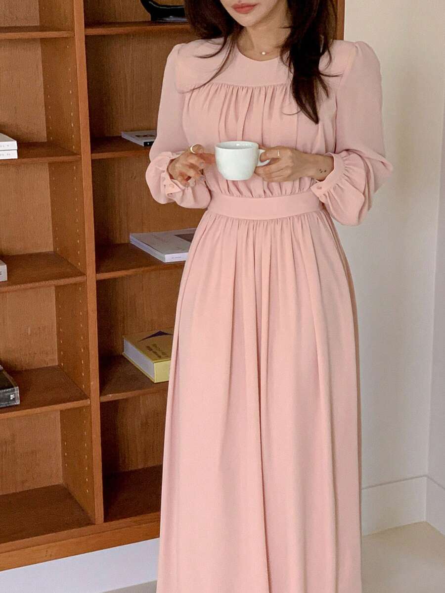DAZY Women's Solid Color Pleated Long Elegant Dress, Pink, Spring/Summer,Fall Clothes Long Sleeve Dress Maxi Dress - Pink - View 1