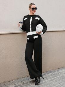 RueChic Women Contrast Hem Detailed Front Button Cardigan & Sweater Pants Set - Multicolor - View 5