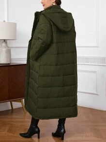 SHEIN Privé 大码长款宽松连帽外套，秋冬 - 軍綠色 - 查看 2