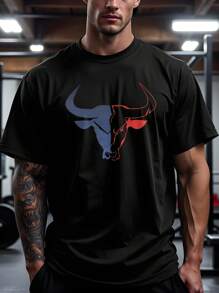 Manfinity Sport PWRUP T-shirt casual de sport à manches courtes avec imprimé de taureau pour homme - Noir - Voir 1