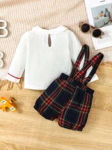 欧式男婴和女婴限量版圣诞装，白领休闲衬衫搭配经典黑红格子吊带短裤，企鹅刺绣设计搭配红色领结，可爱喜庆，适合节日庆祝 - 彩色 - 查看 2