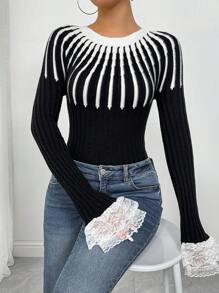 SHEIN Unity French Style Versatile Round Neck Patchwork Pullover Knit Top Knit Pullover Fall Winter Sweater - Black and White - View 6