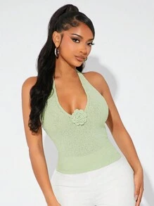 SHEIN SXY 女式深 V 领露背长裙性感透视细肩带连衣裙针织露背上衣，夏季服装，女式夏季上衣，夏季上衣，女式夏季服装，情人节 - 綠色 - 查看 1