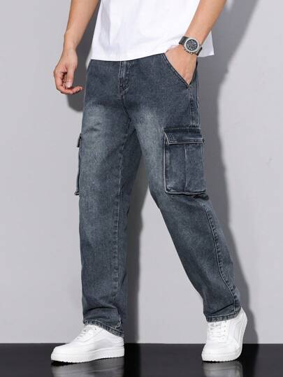Manfinity Homme Casual Washed Cargo Denim Jeans för män