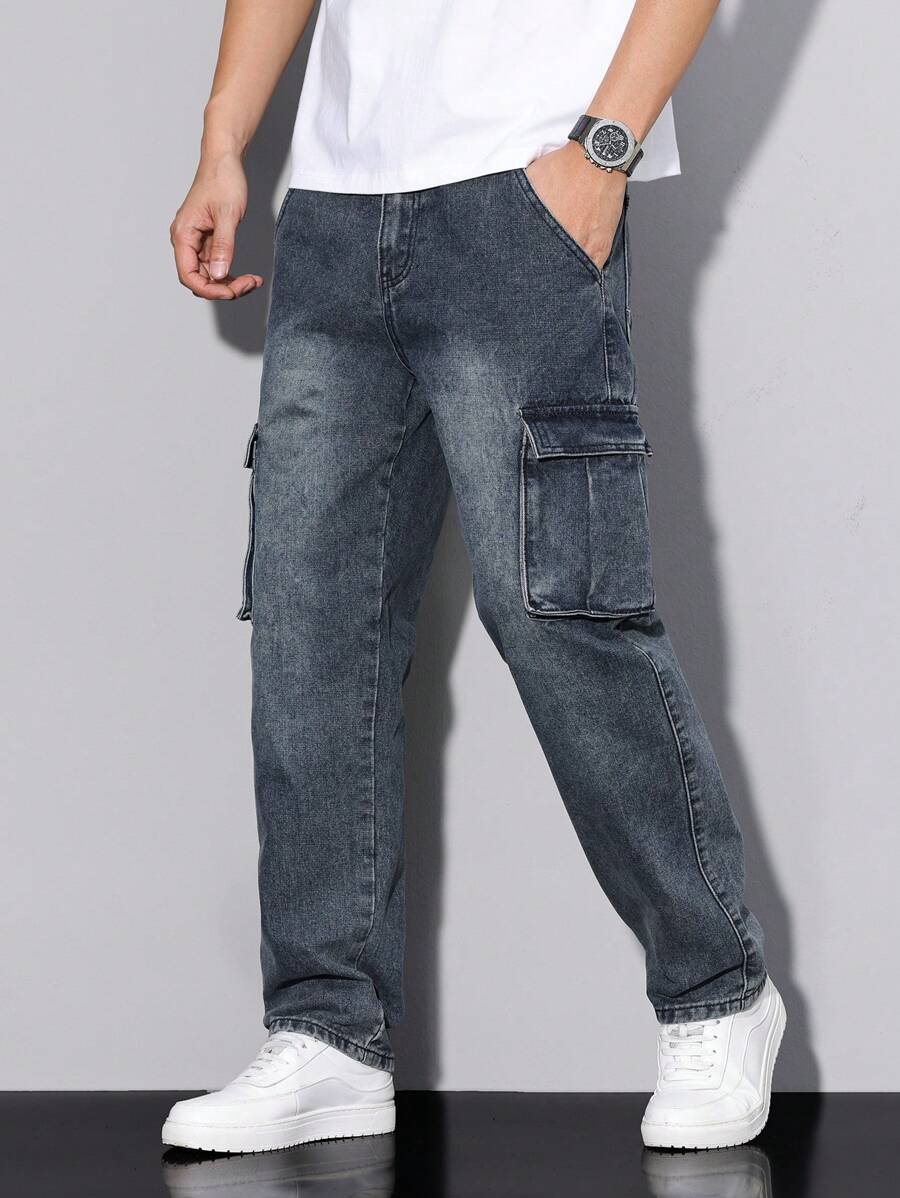 Manfinity Homme Men's Casual Washed Cargo Denim Jeans - Blue - View 1