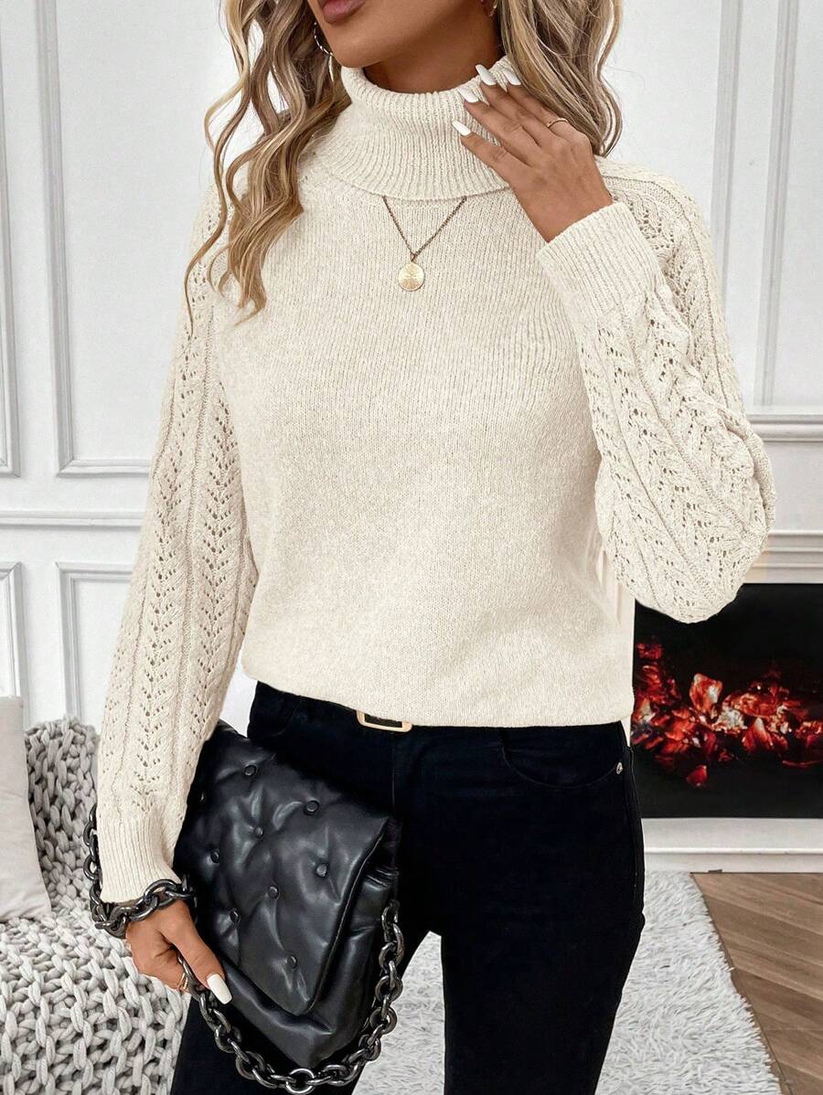 Calvaya Solid Color Turtleneck Long Sleeve Pullover Sweater, Minimalist & Casual For Everyday Wear Knit Pullover Fall Winter Sweater - Beige - View 1