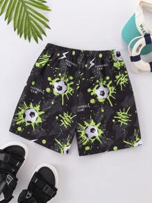 SHEIN Leap Crew Tween Boy Holiday Beach Glow-In-The-Dark Football Pattern Swim Trunks - Black - View 2