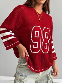 Coolane Jersey oversize de punto con rayas y estampado de números de manga 3/4 como cubridor, para primavera/verano, para el Día de San Valentín/Nochevieja