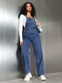 SHEIN EZwear Women's Casual Washed Straight Leg Denim Bib Overalls - Medium Wash - View 7